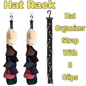 Vertical wall-mounted hat rack with 8 stainless steel clips for baseball cap organization