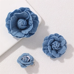 Three sizes of blue denim camellia flower brooches for women with fabric petal texture