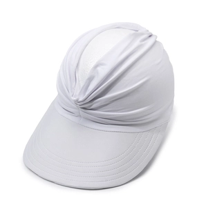 Macro detail of breathable white pleated sun hat with wide brim and elastic texture