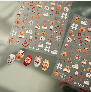 Detail of Christmas nail stickers M-1248 with 3D embossed bears, elk, and snowmen