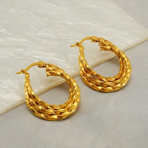 Stainless Steel 18K Gold Plated Twist Hoop Earrings For Women French Retro Spiral Textured Geometric Fashion Jewelry
