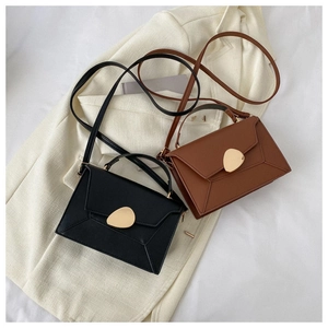 Detail view of stylish crossbody bags in black and brown with unique gold metal buckles