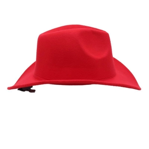 Detailed view of the bright red felt jazz hat showing its wide brim and fedora crown shape
