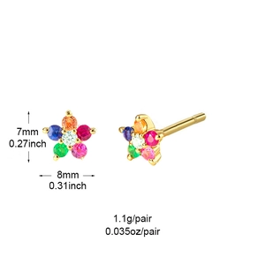 Detailed view of colorful star-shaped zircon stud earrings with size measurements