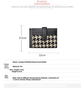 Slim houndstooth card wallet featuring 8 slots and a secure snap button closure