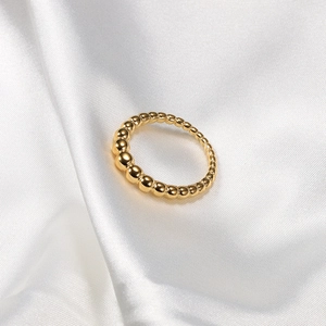 Minimalist 18k gold plated stainless steel ring with gradient sphere design on white silk
