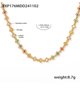 Detail view of colorful oil drip flower links on a stainless steel necklace chain