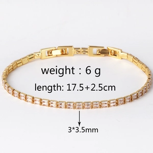 Detail of gold double-row rectangle zircon bracelet with size 17.5+2.5cm and 6g weight