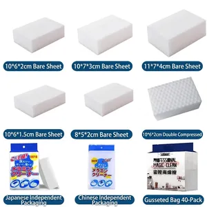 White nano sponge erasers in various sizes and packaging for effective multi-surface cleaning