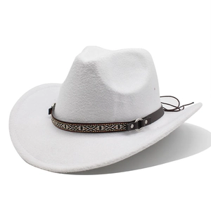 Close-up of white western wool fedora featuring leather band and ethnic embroidery
