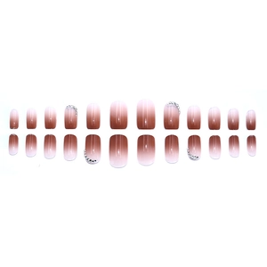 24pcs press-on nails with brown gradient, sparkling rhinestones and square-oval shape