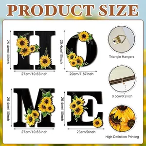 Decoración de pared HOME de madera con diseño de girasol y medidas detalladas