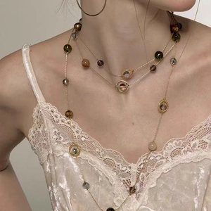 Multilayer Wrap Long Necklace Copper Gold Chain With Colorful Faceted Crystal Glass Beads Bohemian Retro Women Jewelry