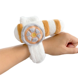 Plush airplane slap bracelet toy made of soft white and orange fabric for children