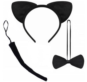 Three-piece black plush cat costume set featuring soft cat ears, tail, and a bow tie