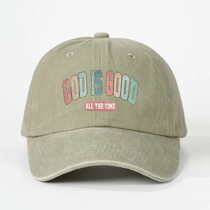 Vintage olive green washed cotton baseball cap with God Is Good slogan print