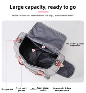 Detail view of multifunctional gym bag showing wet/dry separation and independent shoe compartment