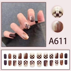 Brown checkered cloud smudge press-on nails set with square oval shape in short style
