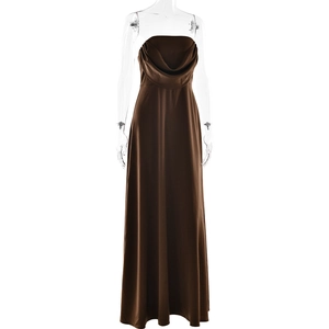 Detailed view of dark brown satin floor-length dress with elegant cowl neckline