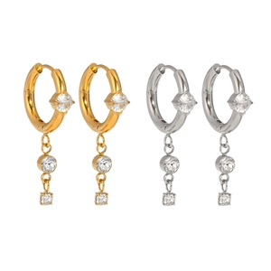 Fashionable titanium steel hoop earrings with hanging crystals in gold and silver finish