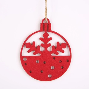 Hollow red felt Christmas ball ornament with snowflake cutout and rustic hemp rope hanger