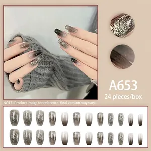 Kit faux ongles dégradé gris avec paillettes œil de chat et marbre, pack de 24