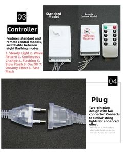LED light string controller with 8 modes and tail plug for serial connection
