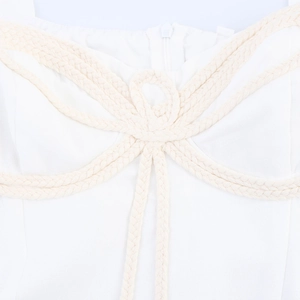 Sweet white square neck dress featuring beige woven rope detail and elegant puff sleeves