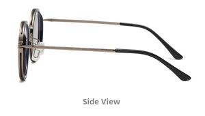 Side view of vintage round metal glasses frames with double bridge and black temple tips