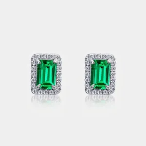 S925 Sterling Silver Synthetic Emerald Stud Earrings Geometric Retro Luxurious Rhinestone Inlaid Green Gemstone For Women
