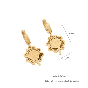 Detailed view of stainless steel clover coin drop earrings with size measurements