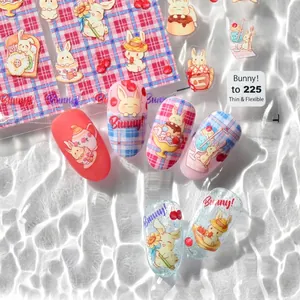 Japanese Style Cute Cartoon Bunny 5D Nail Art Stickers Thin Tough Hand Drawn Rabbit Decals For Women Girls DIY Manicure