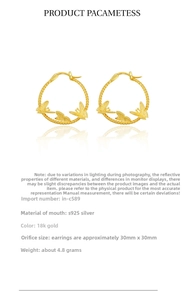 Detailed view of 18k gold plated 925 sterling silver butterfly hoop earrings with dimensions