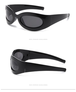 Detailed views of chunky Y2K oval sunglasses with black streamlined wrap-around frames