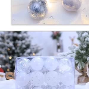 Detailed view of assorted Christmas ornaments with feathers, glitter, and iridescent finish