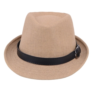 Men's khaki straw fedora hat with black leather band and silver buckle for summer wear