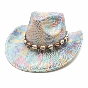 Iridescent snake pattern western cowboy hat with seashell decorative trim on white background