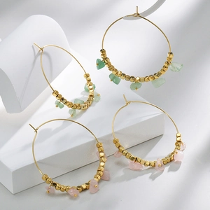 14k gold plated stainless steel hoop earrings with turquoise and rose quartz stones