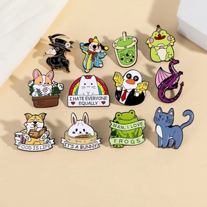 Detailed collection of creative enamel pins featuring cartoon animals and funny quotes