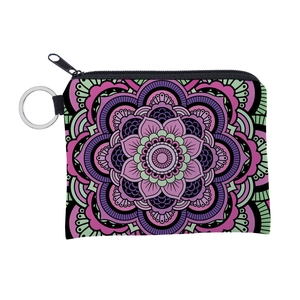 Mandala print small coin purse with pink and purple floral patterns and metal keychain