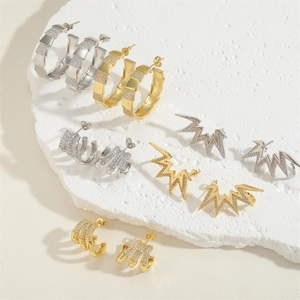 Luxe zircon-encrusted C-shape and lightning stud earrings in gold and silver finishes
