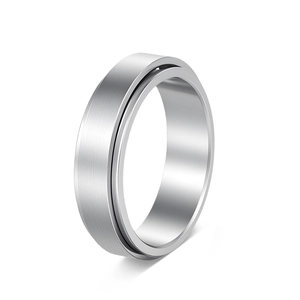 Detail of 6mm silver spinner ring featuring a brushed matte stainless steel finish