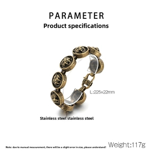Detail view of retro tiger head embossed steel bracelet with 225x22mm size specs