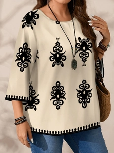 Elegante beige boho-tunica met zwarte geometrische prints en driekwart mouwen voor dames