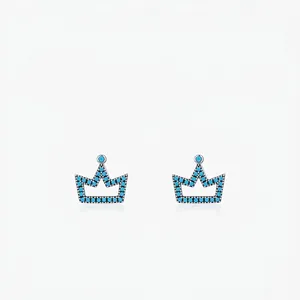 Crown Stud Earrings In 925 Sterling Silver With Turquoise Blue Gemstones Retro Hollow Design For Women