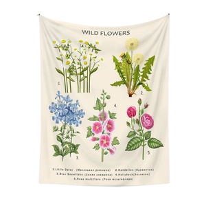 Detail of wild flower tapestry with botanical illustrations on light beige fabric background