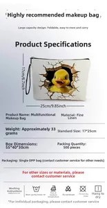 Detailed size specifications for the yellow duckling linen makeup bag in 25x17cm format