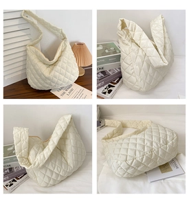 Detail shots of beige quilted puffer bag with soft padded texture in lifestyle setting