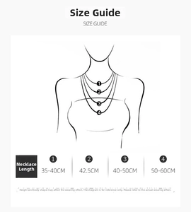 Size guide showing vintage pearl and stone necklace lengths from 35cm up to 60cm