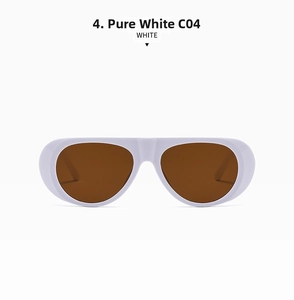 Detail of retro oversized white frame sunglasses with dark brown tinted lenses